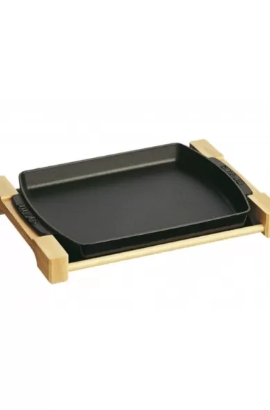 Staub Cast Iron Dish On Wood Plate 33 x 23 cm
