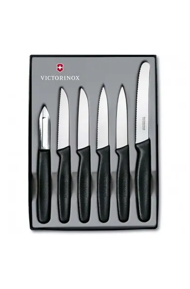 VICTORINOX PARING KNIVES + POTATO PEELER SET of 6 PIECES - Black