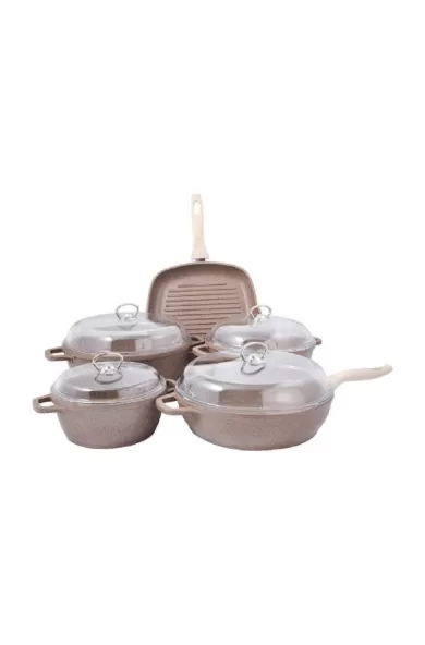 Falez Cooking Set Of 9 Pcs Granite Brown
