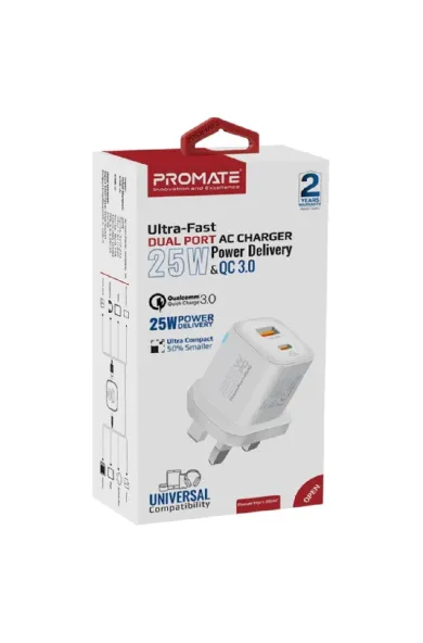 Promate Ultra Fast Dual Port Ac Charger 25W White#Powerport-25Ac