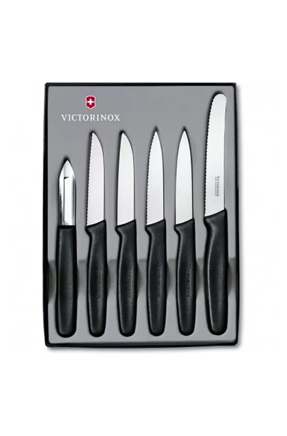 VICTORINOX PARING KNIVES + POTATO PEELER SET of 6 PIECES - Black